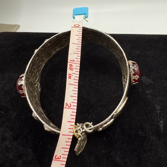 Vintage Silver Hamsa Hinged Bracelet w/ Camels & Red Cabochon - Picture 2 of 5